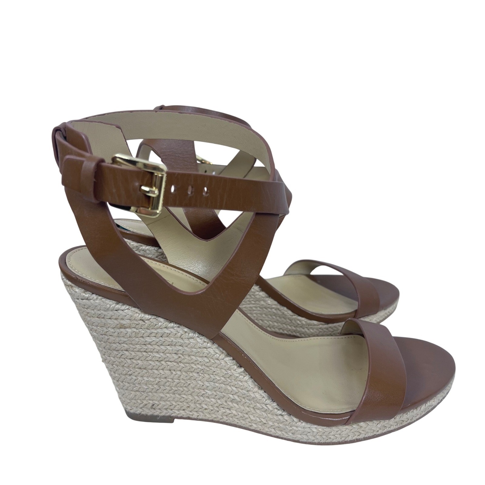Michael Kors Brown Leather Kaylee Espadrille Wedge Sandals Size 8M (656clo)