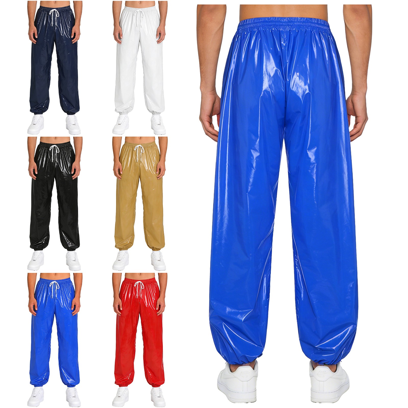 Mens Glossy Track Pants Diaper Cover Up Pants Loose Fit High Waist Pvc Joggers