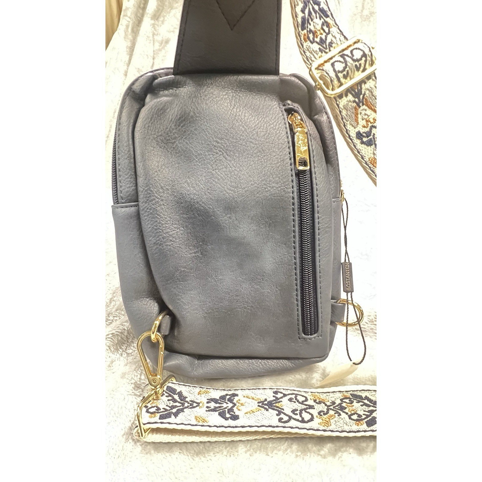Bostanten Navy Quilted Sling Crossbody with Embroidered Guitar Strap Boho