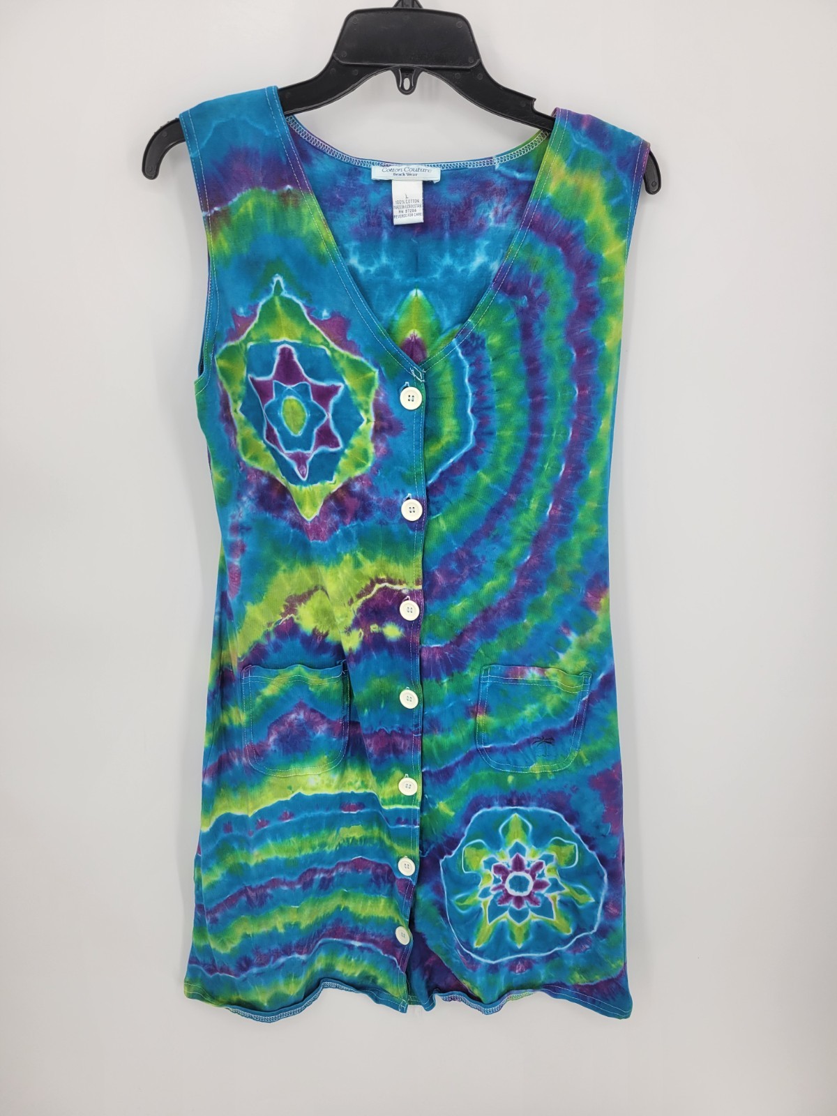Cotton Couture Beach Wear Dress Womens Large Colorful Tie Die Sleeveless Boho
