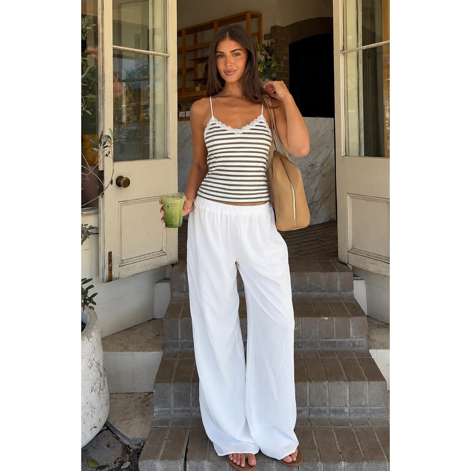 American Eagle Lace Trim Striped Cami Tank Top XS Olive Ivory Y2K Cottagecore