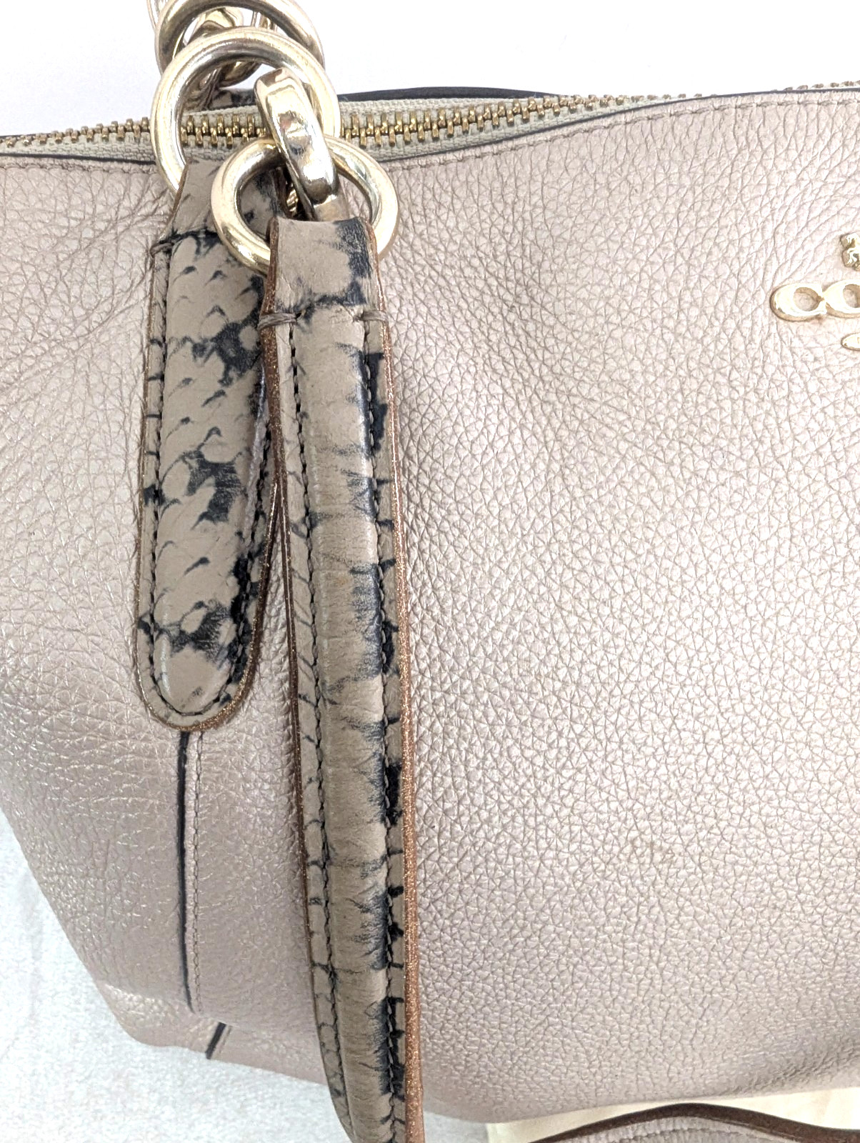 Coach Ava Large Tote Metallic Beige Pink Gold Leather Bag Exotic Trim Dust Cover