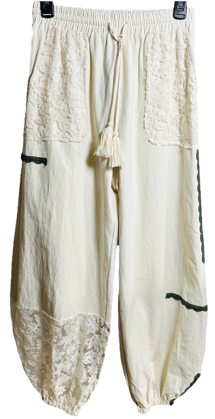 NWT Mello Women’s S Ivory Cotton Embroidered & Lace Balloon Leg Pull On Pants