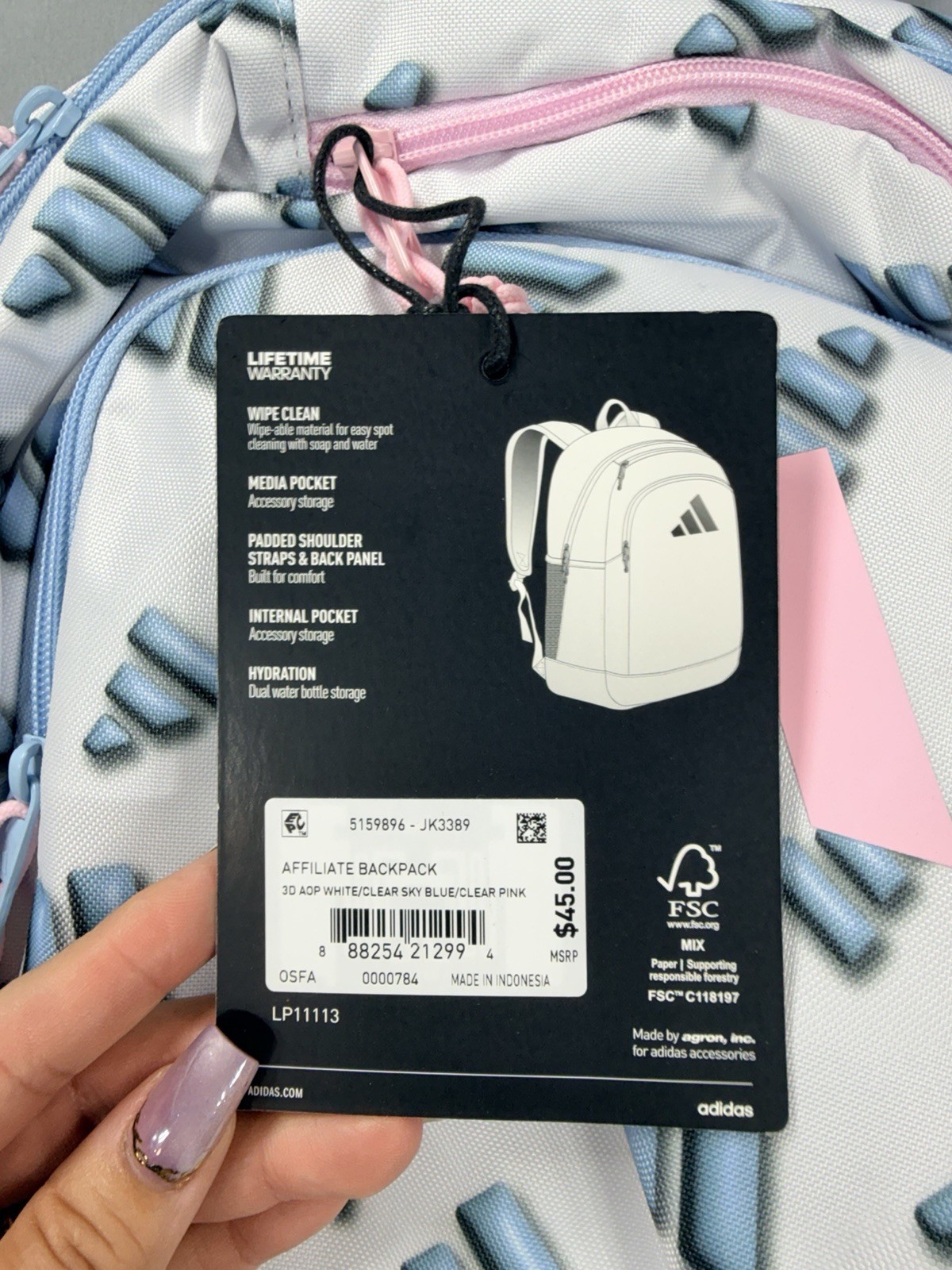 Adidas Unisex Affiliate OSFA School/Sports/Travel Backpack Adidas Blue Pink New
