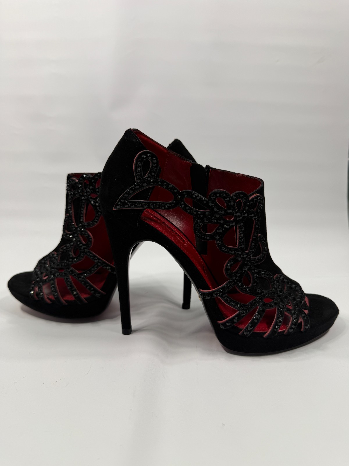 Cesare Paciotti Crystals Peep Toe Ankle Booties Black Suede Shoes Sandals 37