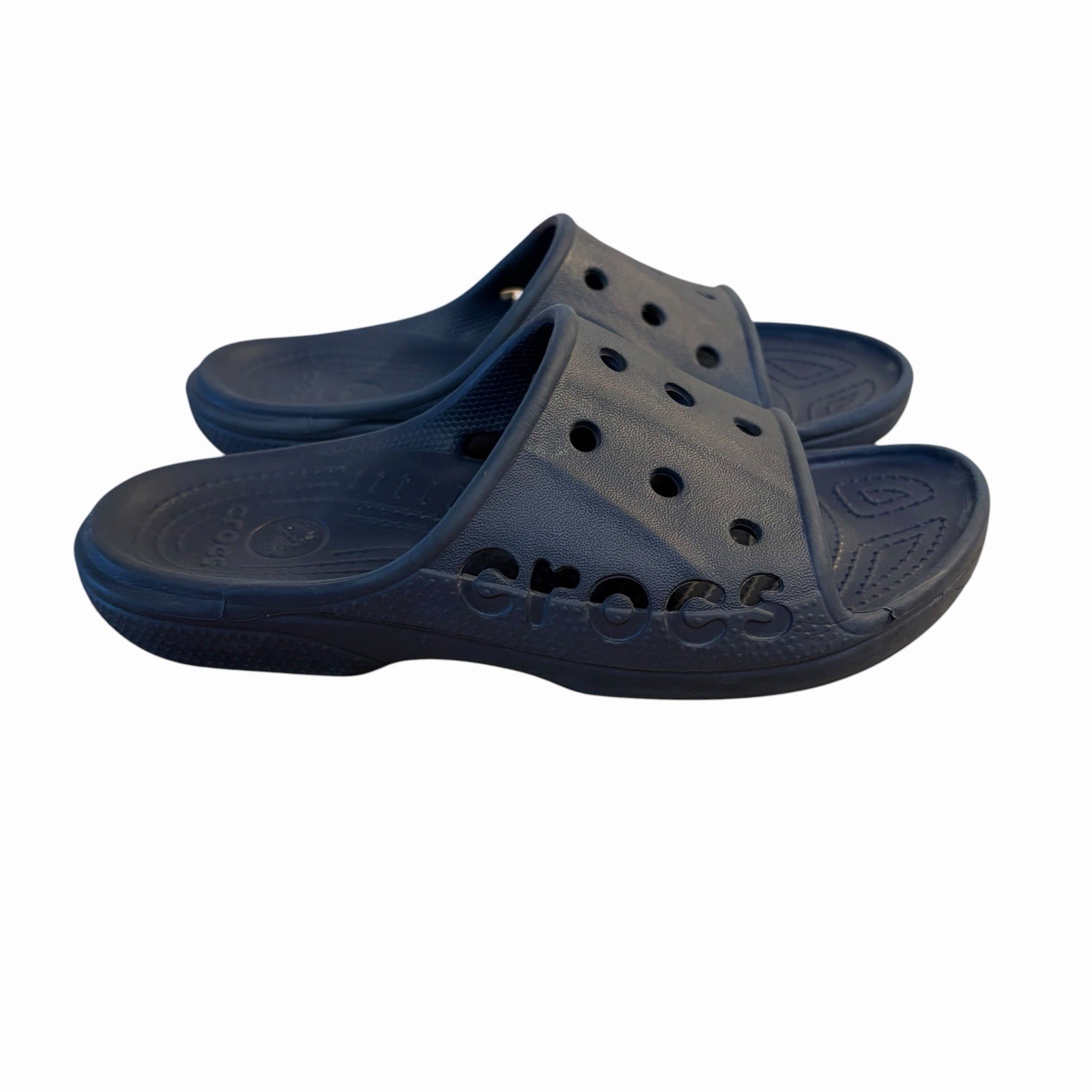 Crocs Baya Slide Navy Blue Womens 7 Mens 5 Sandals Wide Band Slip On Water Beach