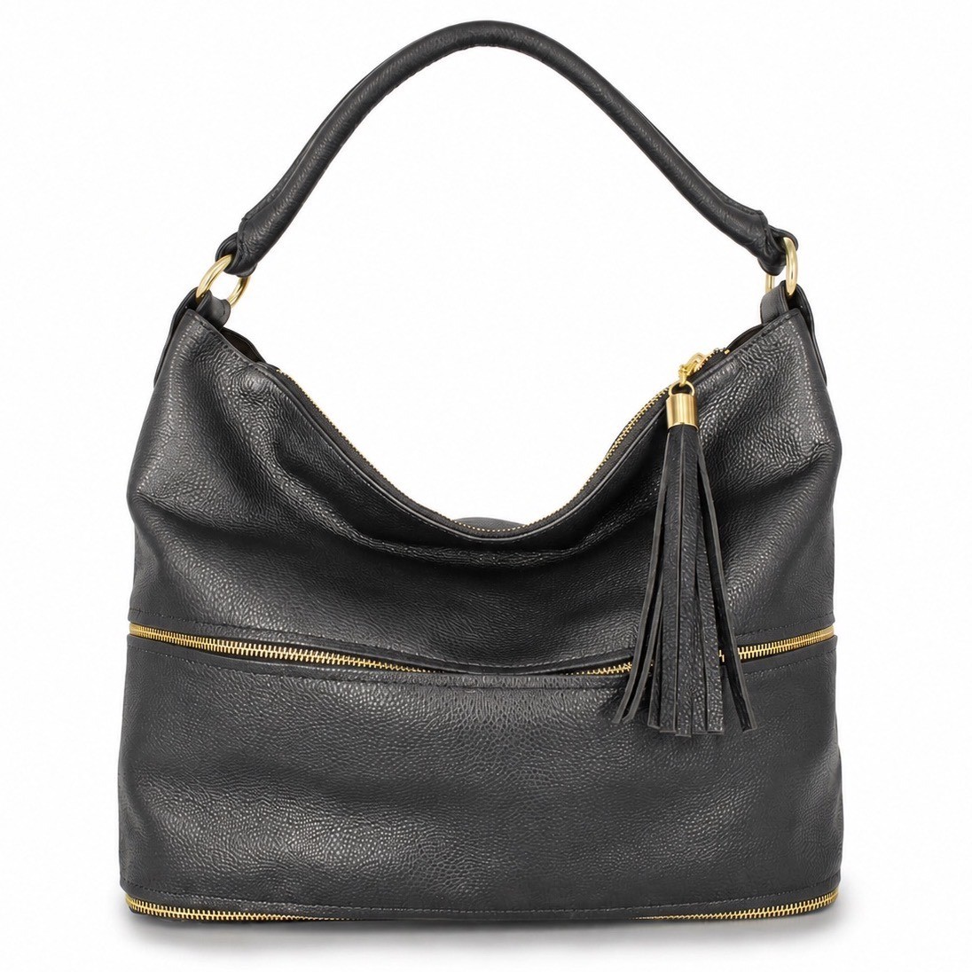 Onna Ehrlich Handbag Kemi Hobo Pebbled Leather Tassel Zip Black OS Boho Chic
