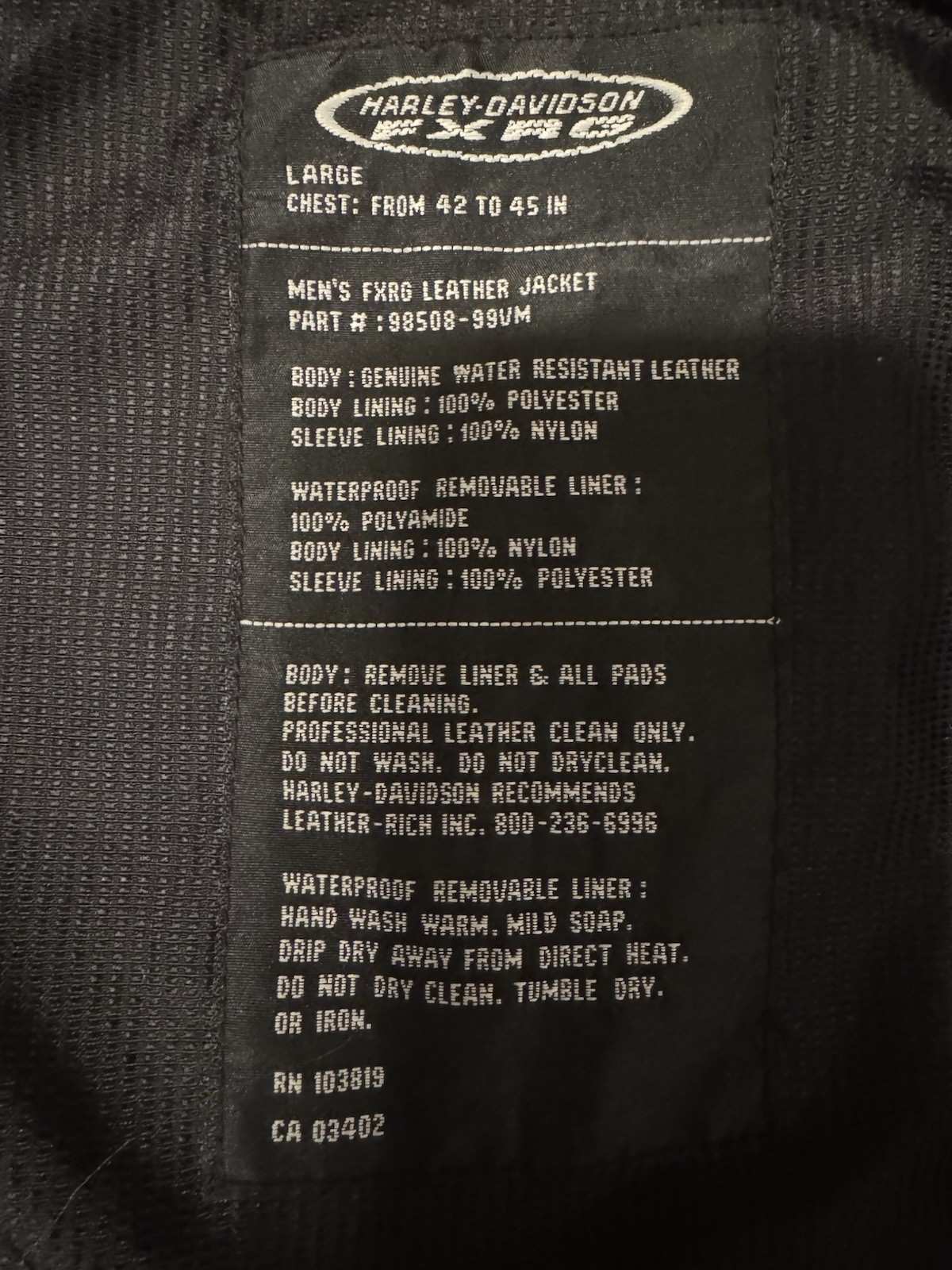 Harley-Davidson FXRG Leather Jacket Men’s Large Black Waterproof Liner