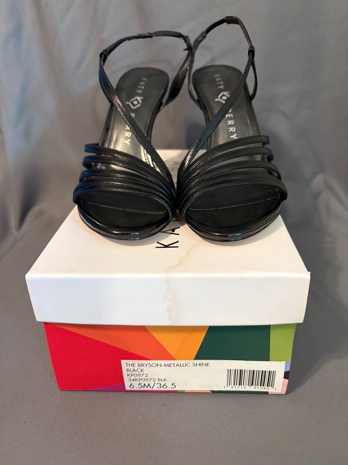 Katy Perry Bryson Black Metallic Strappy Heels 6.5M NIB 4″ Slingback Pumps