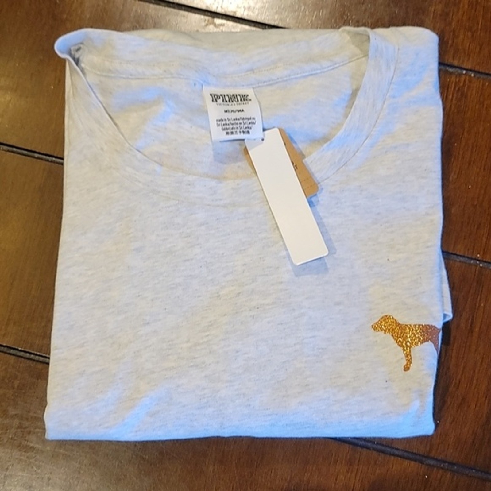 Campus T-shirt Heather Grey Glitter Logo PINK Victoria’s Secret Medium NWT