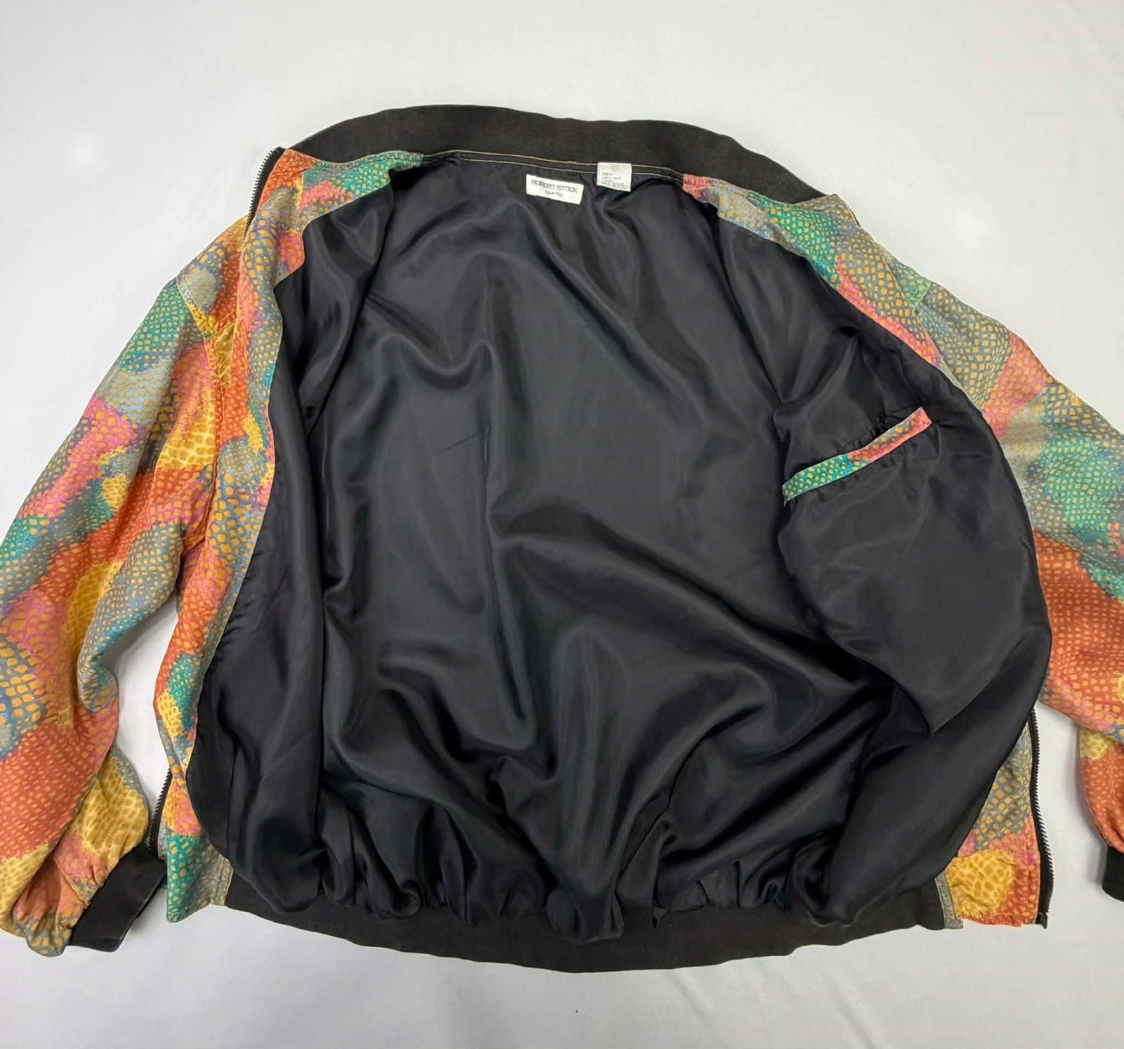 Vintage Robert Stock Limited 100% Silk Abstract Snakeskin Print Bomber Jacket