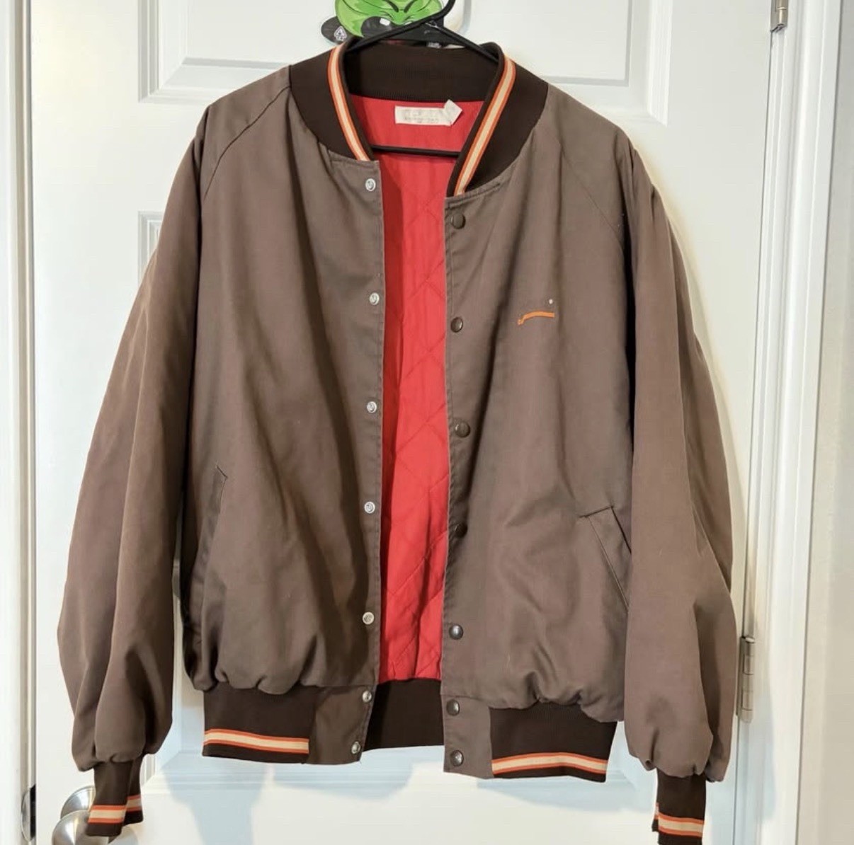 U-Haul Men’s Brown Red Lined Snap-Front Bomber Jacket 1980s VTG Band Collar READ