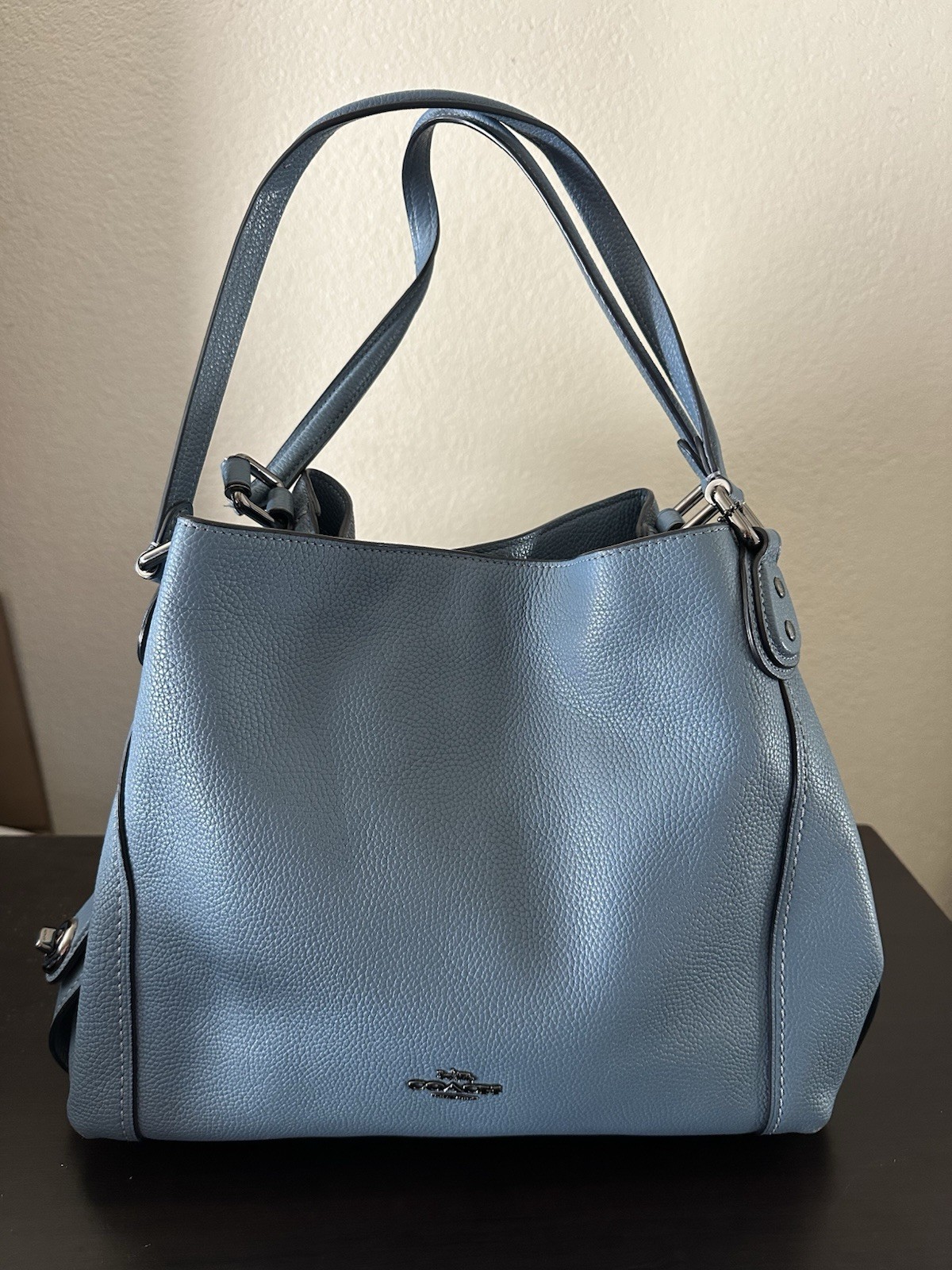 Coach Blue Pebbled Shoulder Bag Zip Center Turn Lock Pocket Charm Silver
