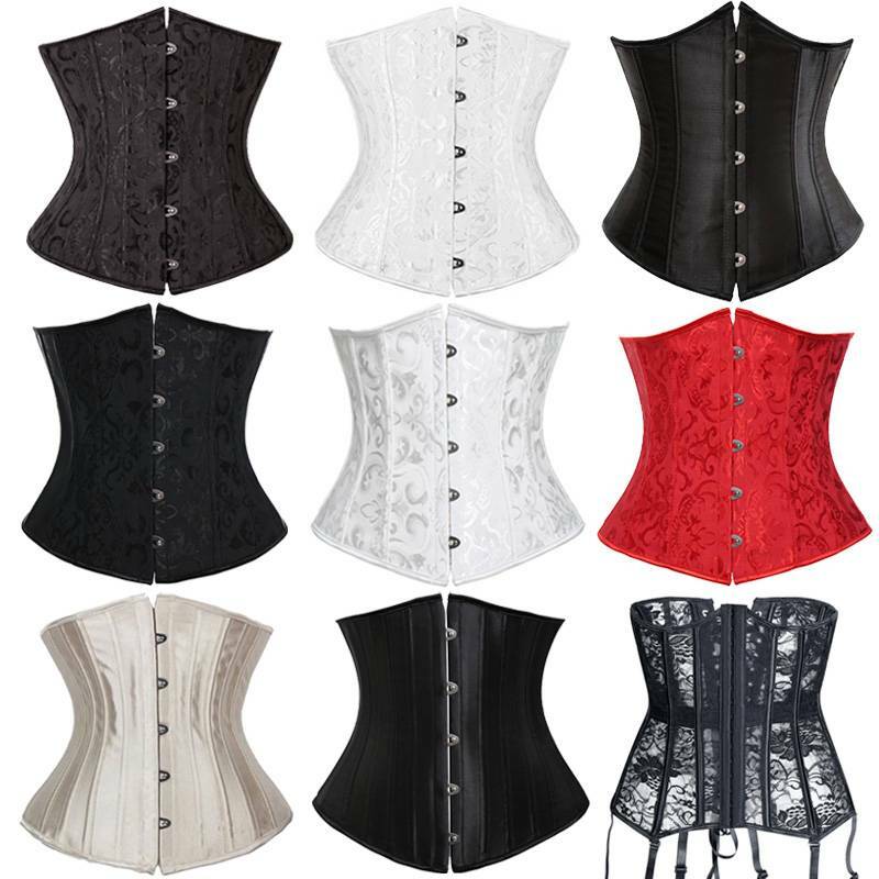 Women Satin Gothic Bustier Top Lace Up Waist Cincher Underbust Boned Corset Plus
