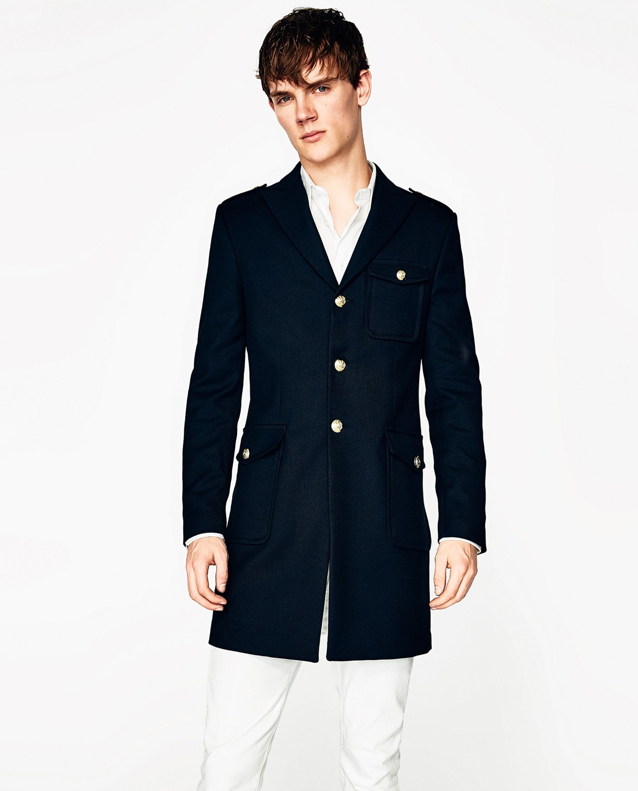 ZARA MAN Men’s Navy Blue Military Coat Gold Buttons NWT 4362/516