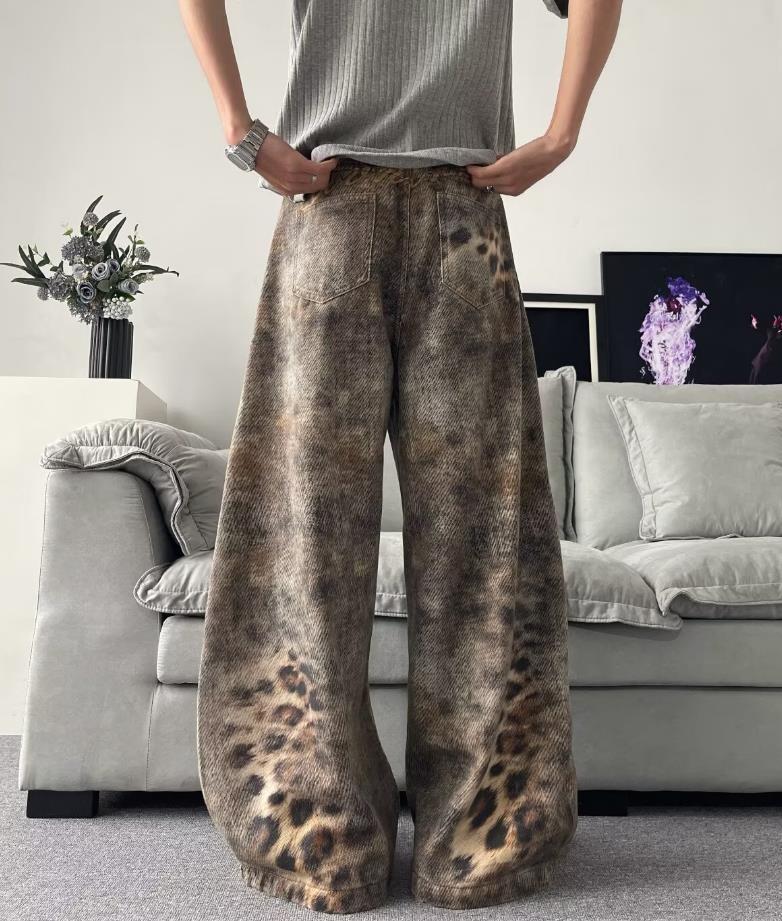 Men’s Brown Denim Jeans Leopard Wide Leg Casual Pants Punk Hip Hop Trousers New