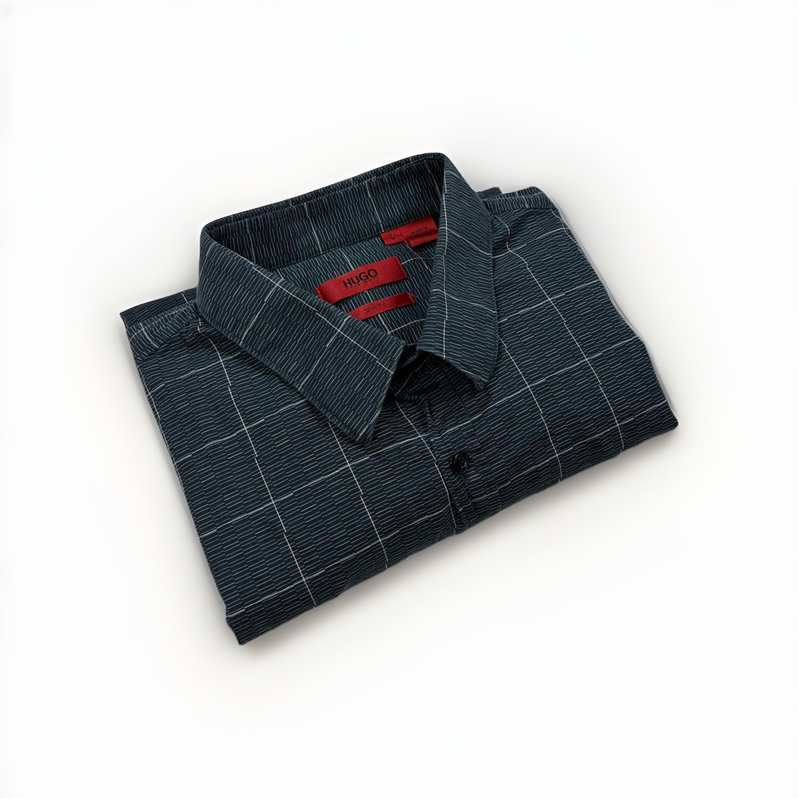 Hugo Boss Slim Fit Gray Geo Check Button Down Shirt Mens Large