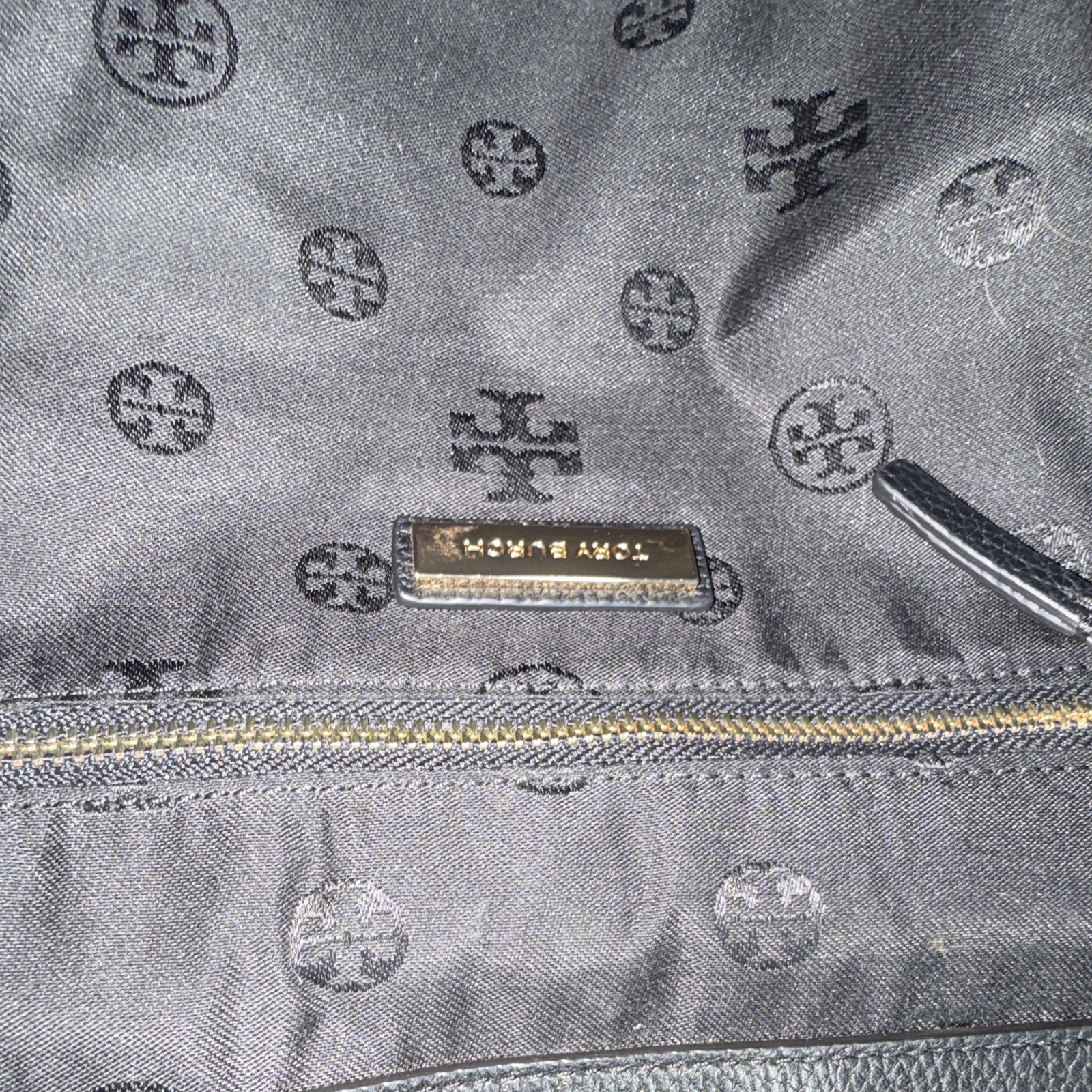 Tory Burch Black Pebbled Backpack Clasp Gold Hardware Logo Tassel Adjustable
