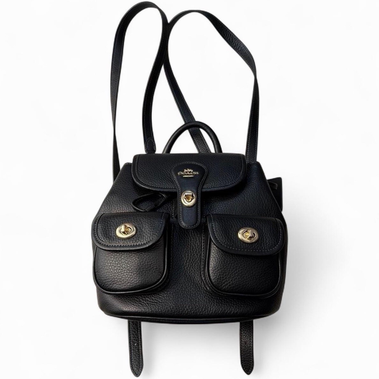 Coach Black Pebbled Turn Lock Drawstring Small Backpack Gold Hardware Hangtag