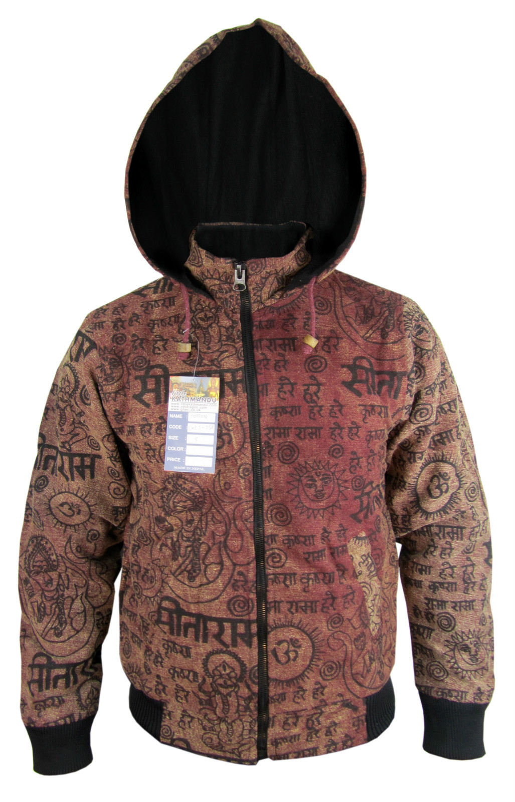 OM Mantra Symbols Cotton Stonewashed Rusty Blouson High Neck Hoodie Jacket