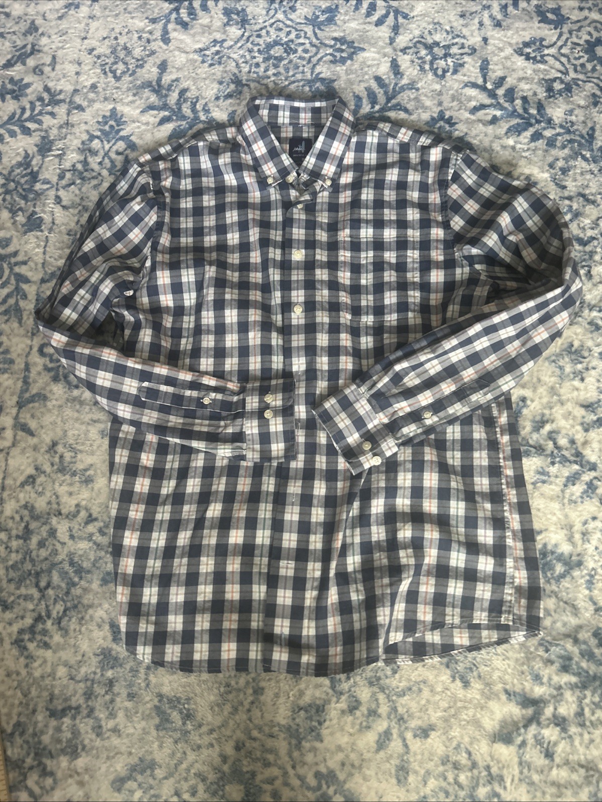 Johnnie-O Mens Large Brown Gingham Check Button Down Cotton Shirt Long Sleeve