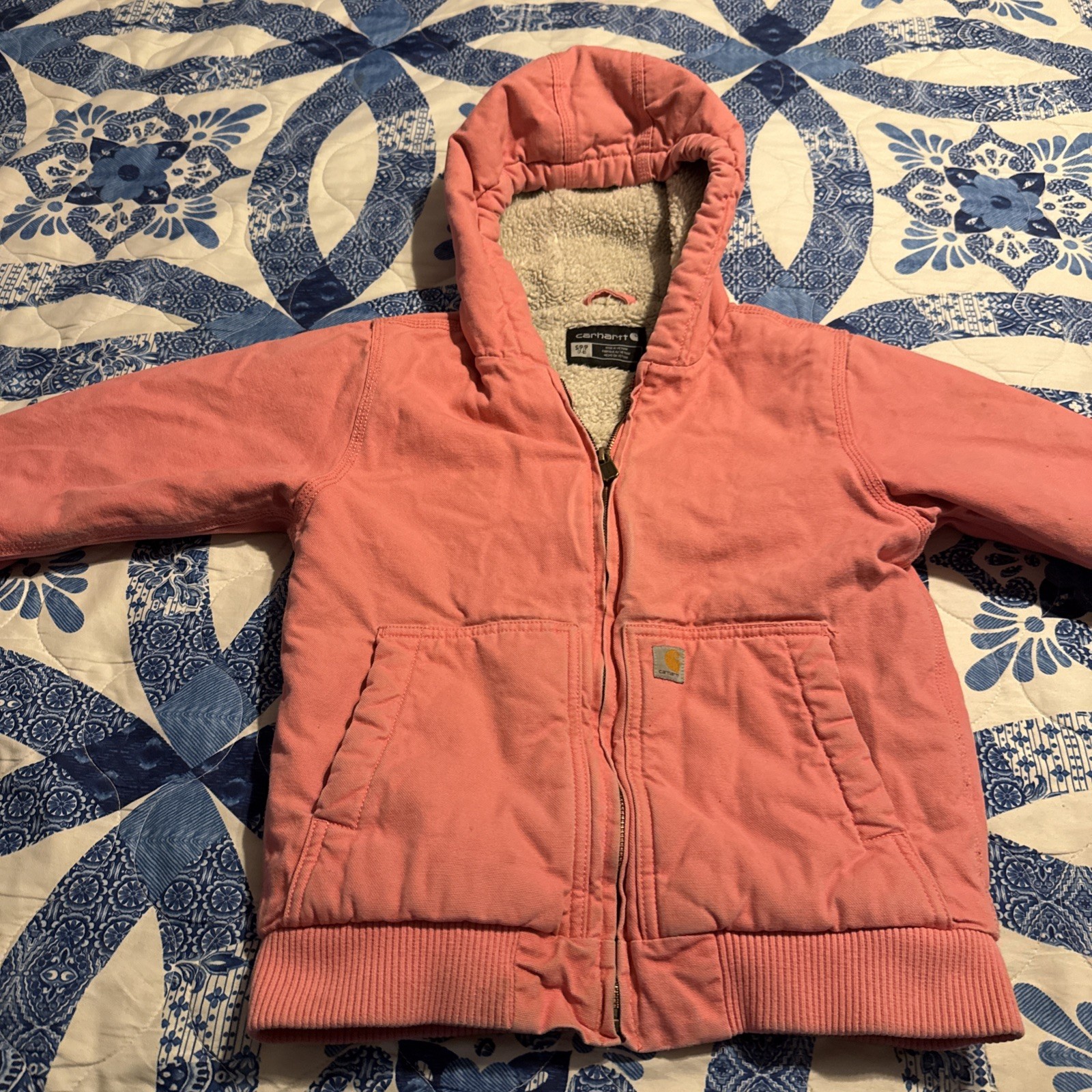 Carhartt OJ9564-G Girls Small 7-8 Sherpa Hooded Jacket Pink Canvas Full Zip