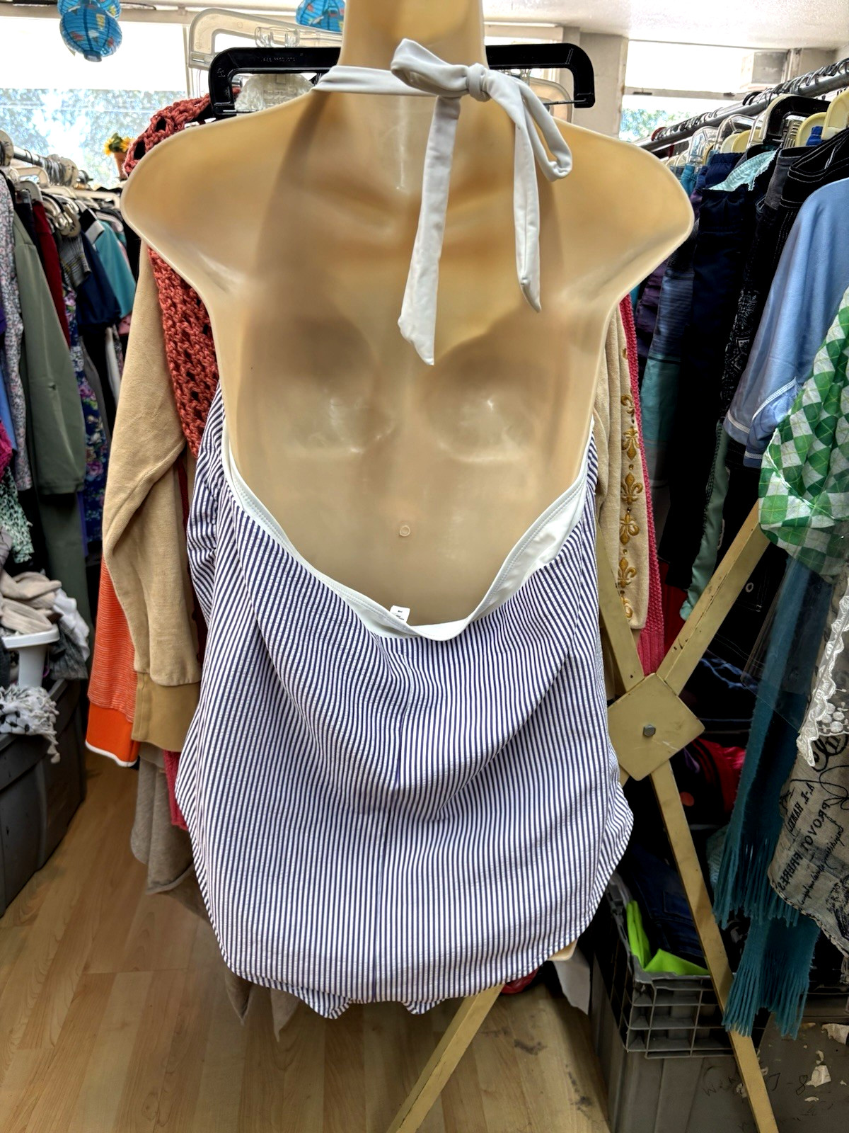 Basic Editions, Woman’s 1 Piece Blue & White Striped Halter Swimsuit, Size 24W