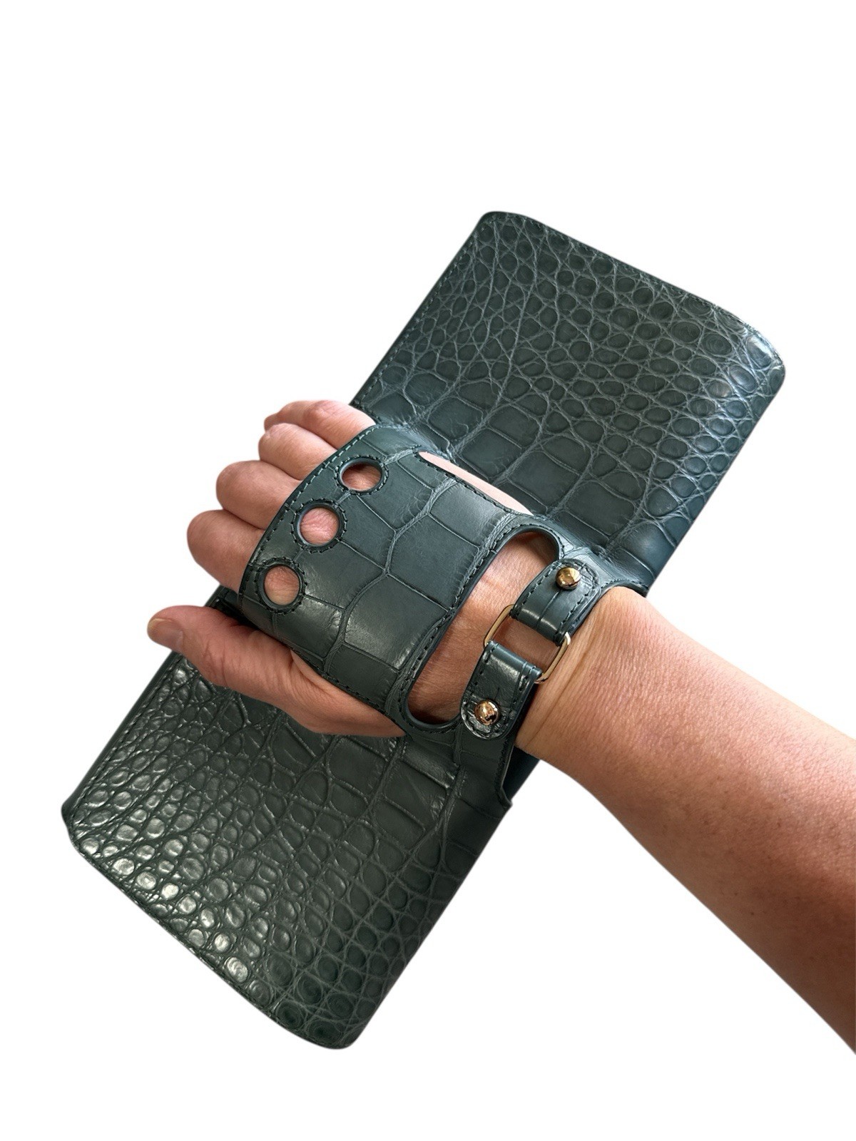 Perrin Paris Box Clutch Teal Croc Embossed Leather CAB5BOXCROG $3950 Retail