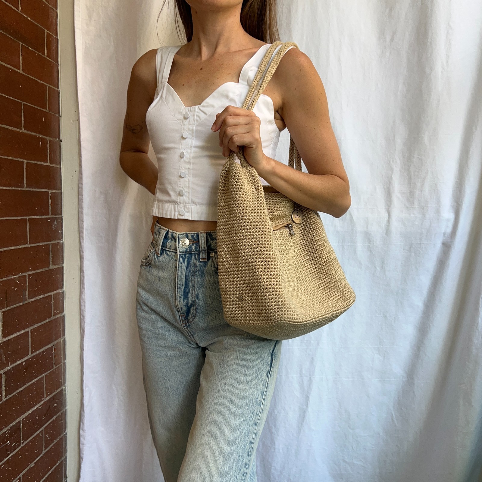 The Sak Original Crochet Tote Bag Beige Woven Shoulder Bag Large Boho Purse