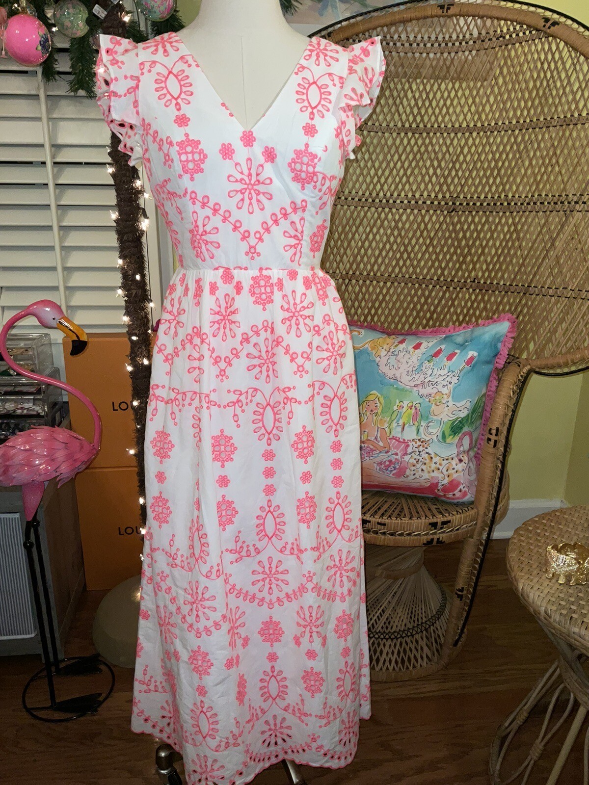 Lilly Pulitzer NWT Lillyanne Midi Dress Coral Neon Eyelet $298 Size 0,4,8,10