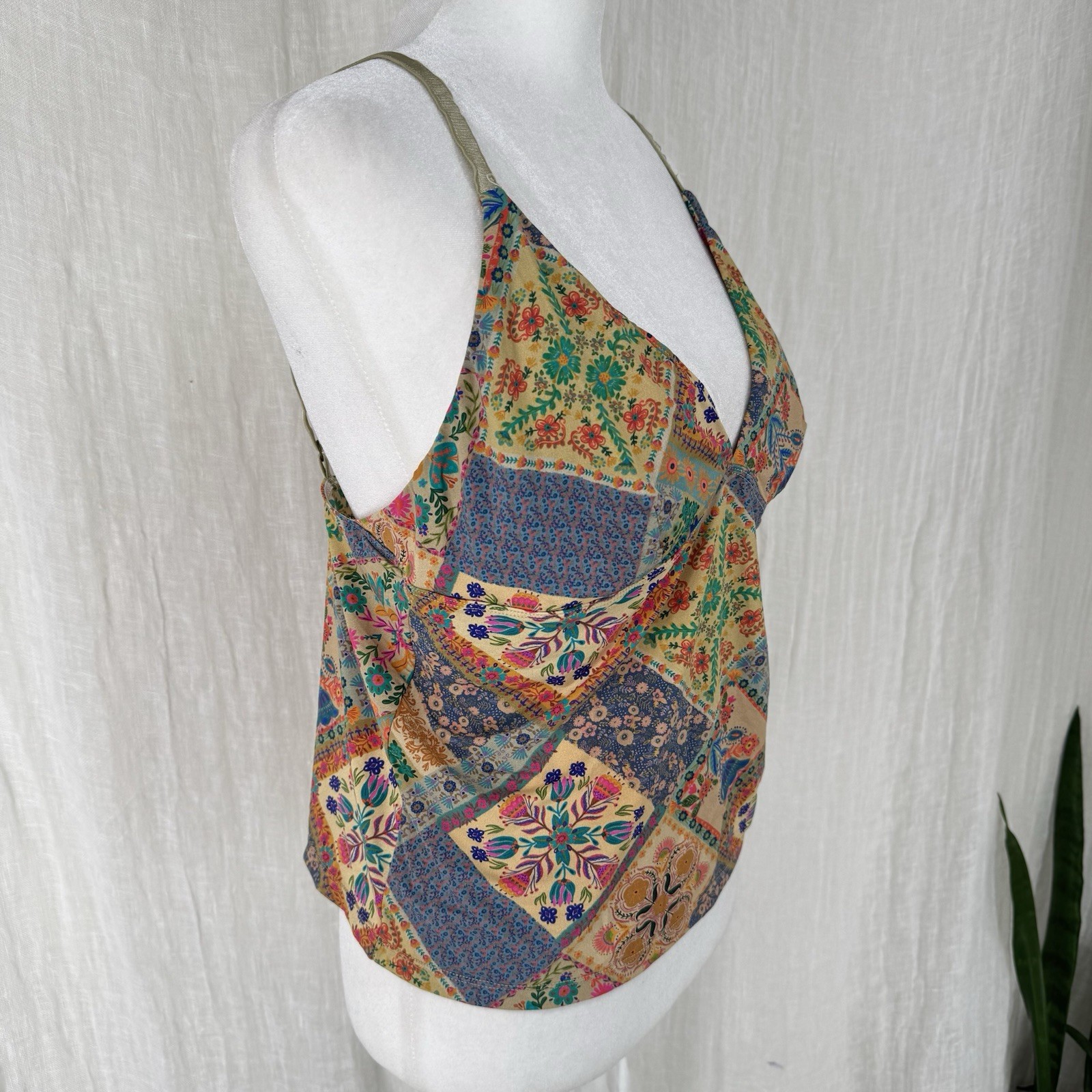 Natural Life Patchwork Cami Top L Boho Babydoll Y2K Deep V Floral Soft Stretchy