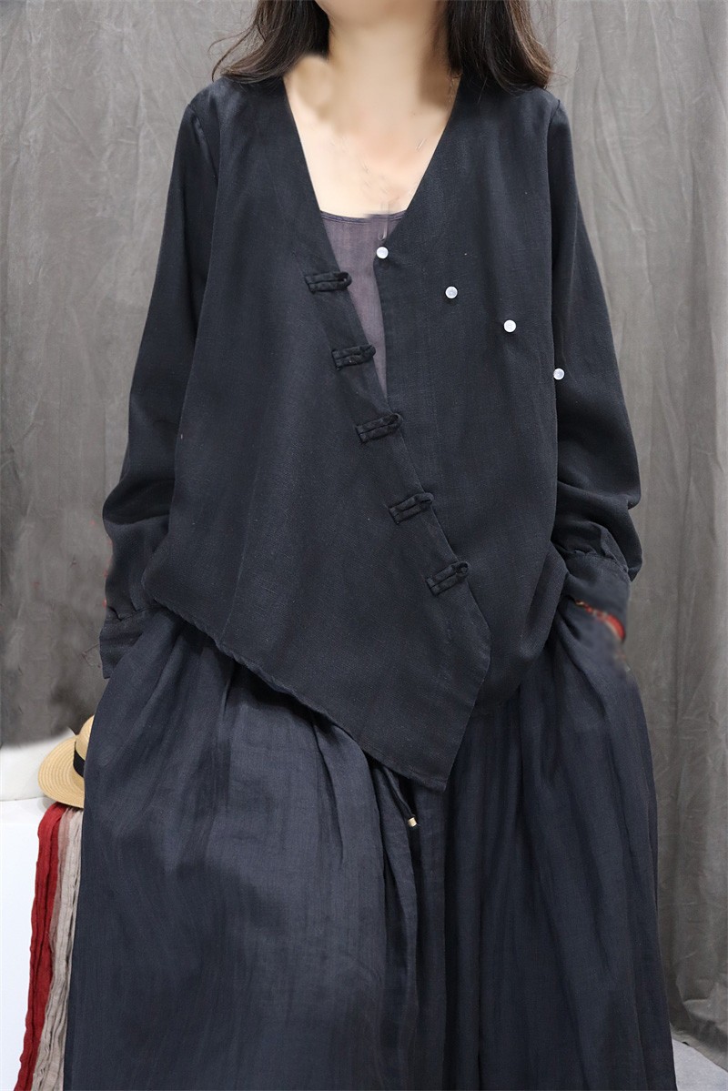 Chinese Style Womens Cotton Linen Cardigan Long Sleeve Loose Shirts Tops Blouse