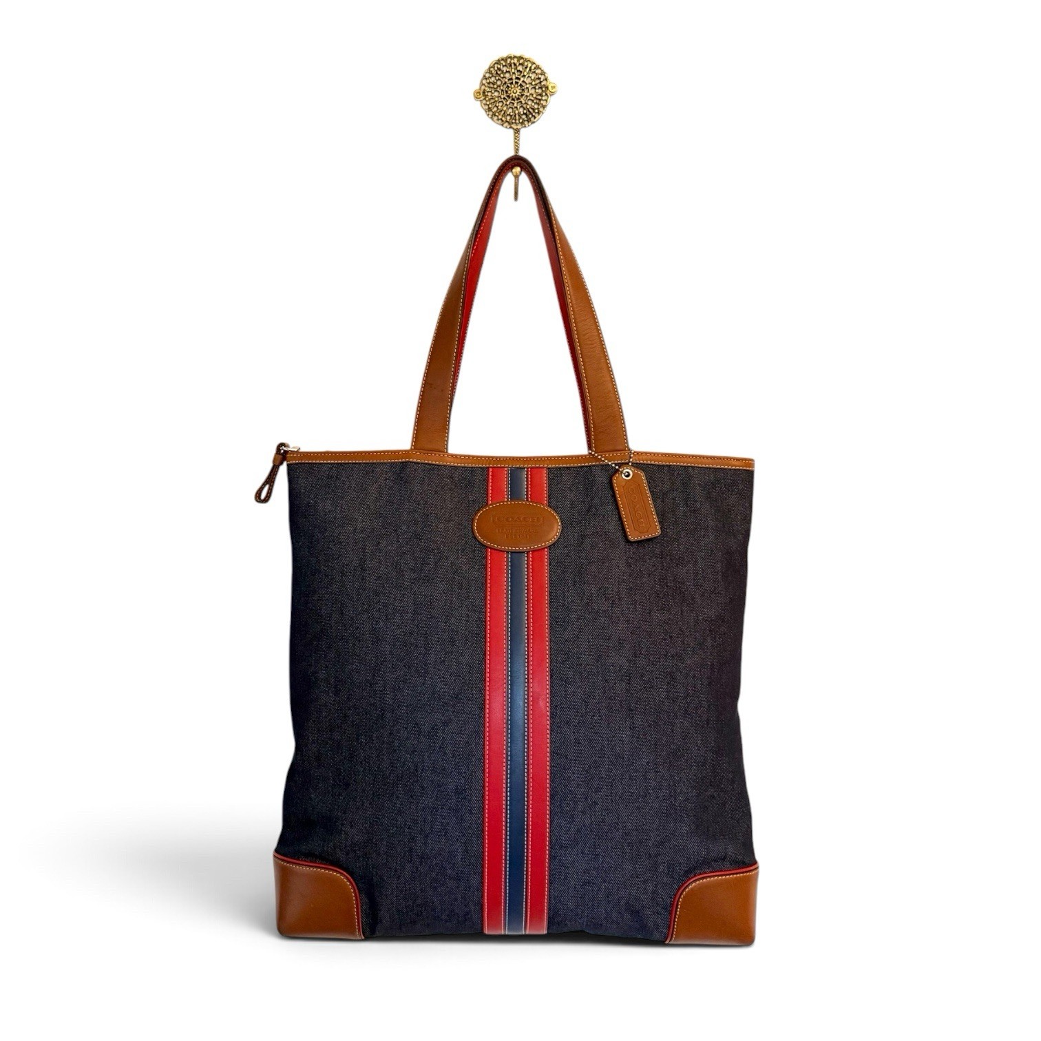 Vintage Coach 2003 Varsity Stripe Denim Leather City Tote Bag | Excellent