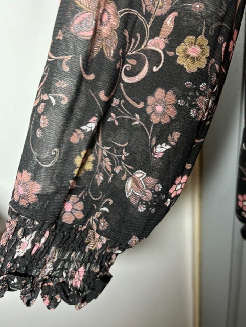 Joe Browns Sheer Floral Blouse Top Size 24 Black Long Sleeve Elastic Hem