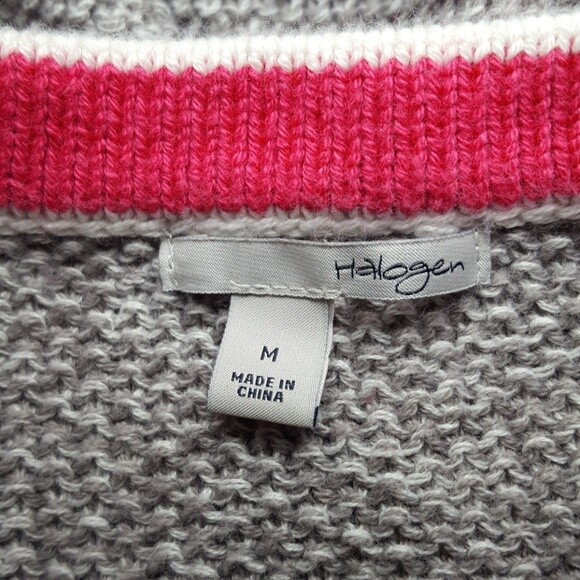 HALOGEN Gray White Pink Button-Up Sweater 3/4 Sleeve Office Church, Medium