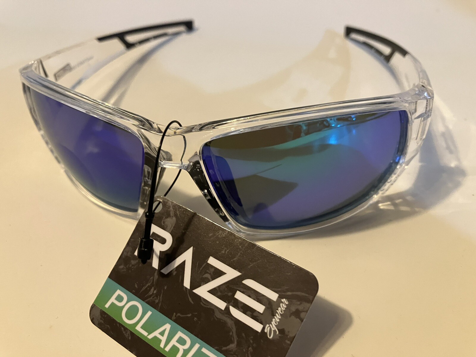 RAZE Eyewear Sunglasses Sonar Polarized Clear Frame Blue Mirror Smoke 28856