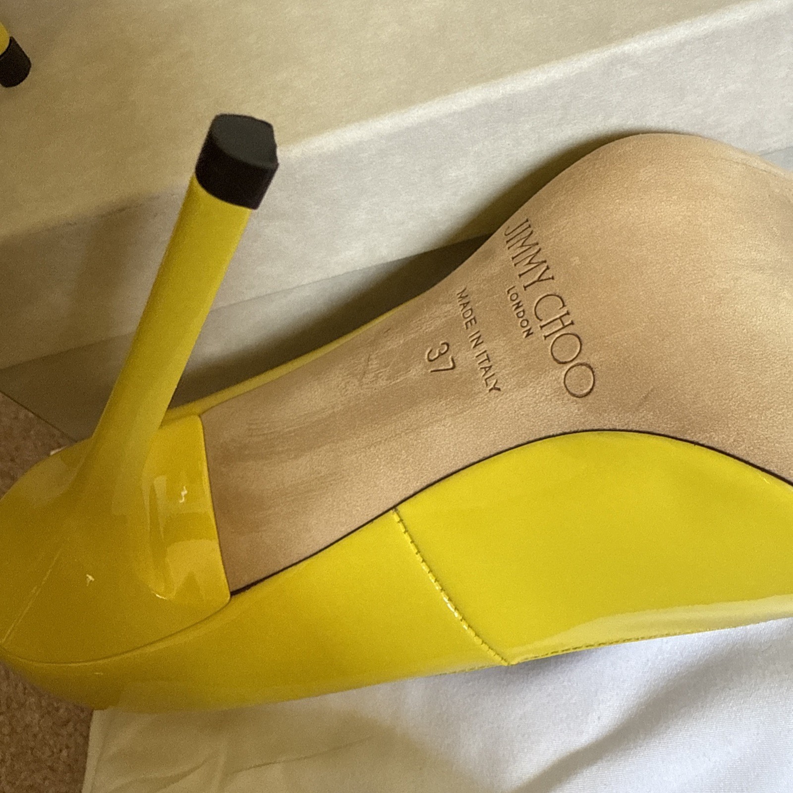 JIMMY CHOO Anouk Tacco 120 Patent Leather Point Toe Pump Yellow US 7 NIB RARE
