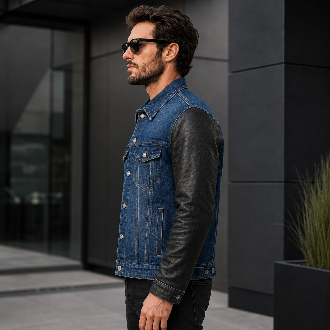 Men’s Denim Trucker Jacket with Leather Sleeves | Vintage Two Tone Hybrid Jacket