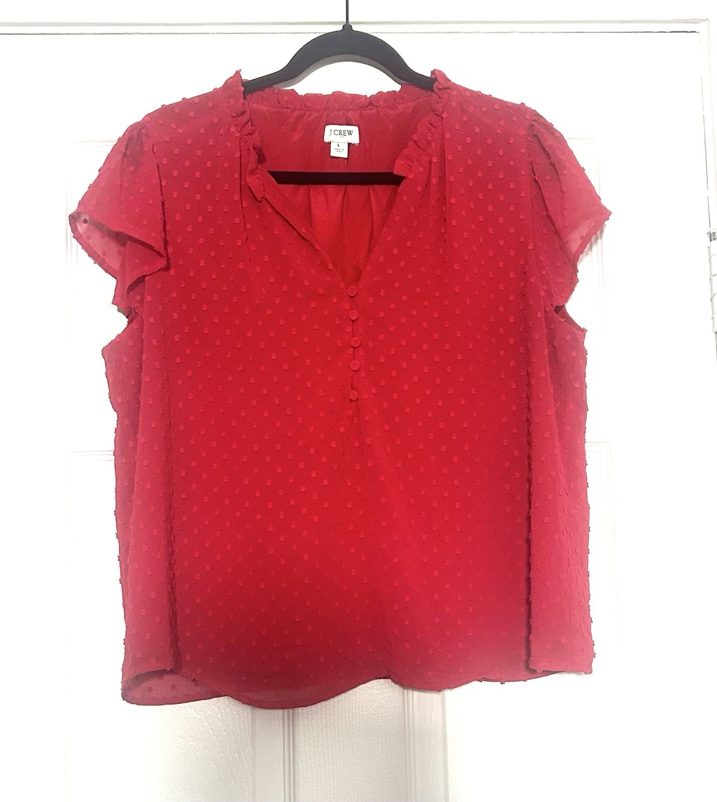 J.Crew Swiss Dot Ruffle Flutter Sleeve Blouse L Pink Romantic Cottagecore Boho