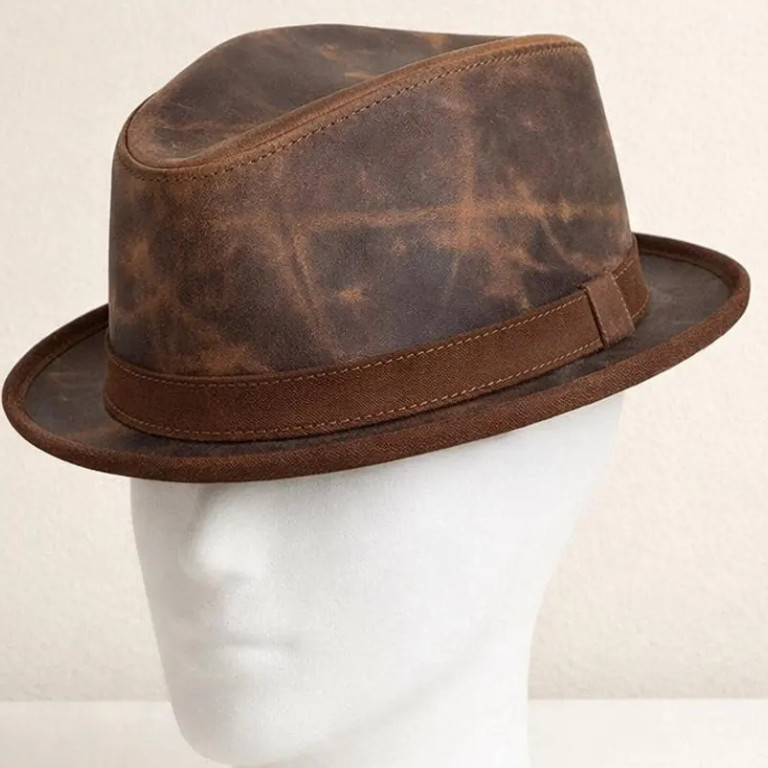 Handmade Distressed Brown Leather Fedora Vintage Hat Trilby Western Travel Gift