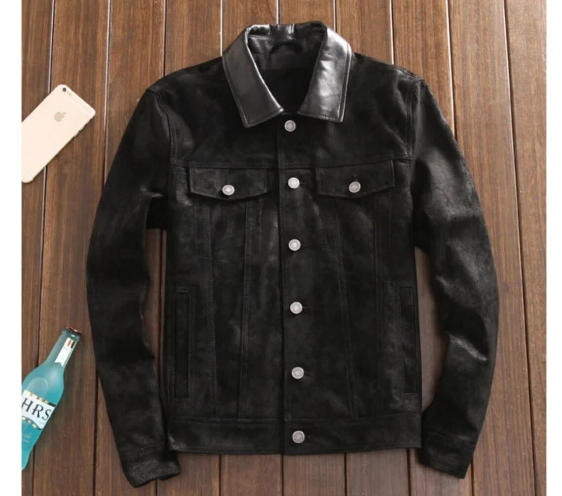 Black Leather Trucker Jacket for Men Pure Suede Custom Made Size S M L XXL 3XL
