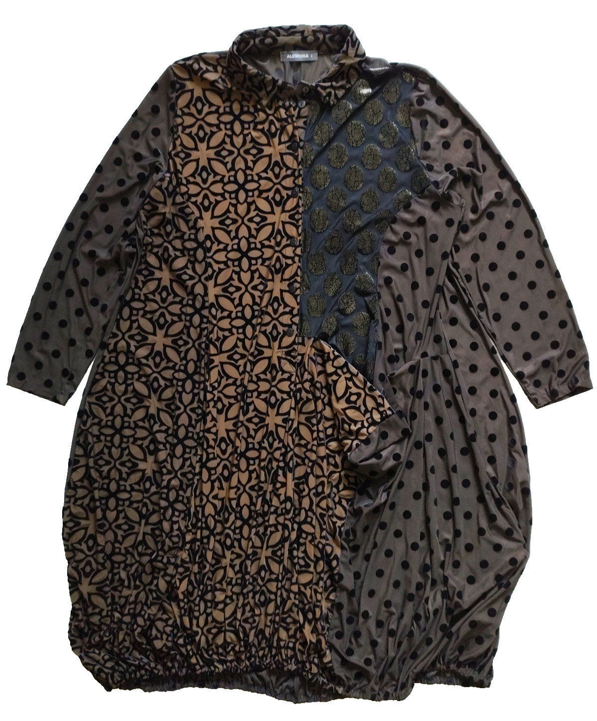 Alembika Draped Cocoon Dress Mix Fabric/Pattern Long Sleeve Bubble Hem Womens XL