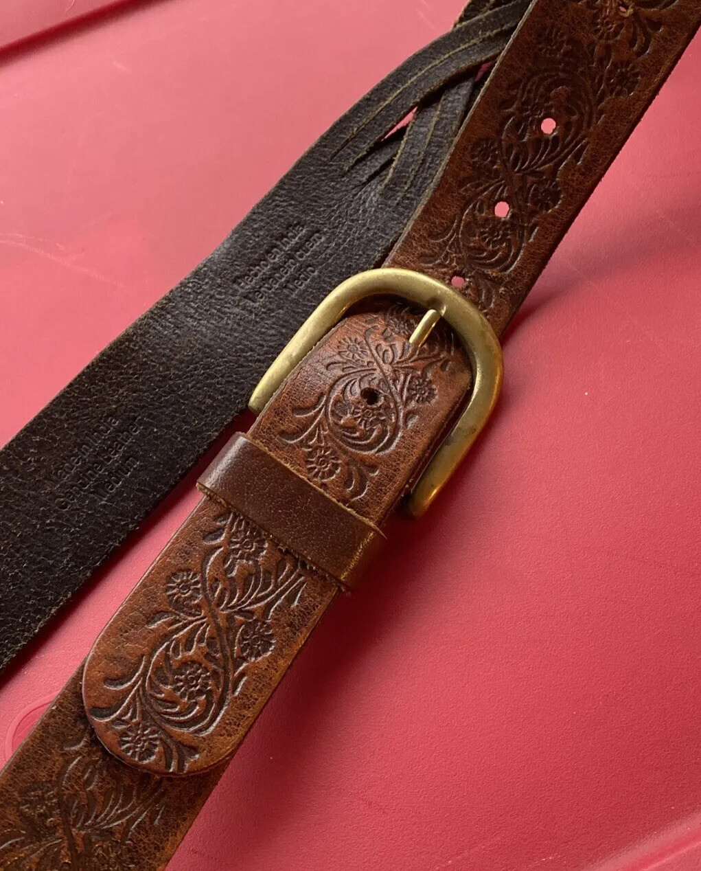 Leather Western Belt Braiding Tooling Detail ~ Brass Buckle Flowers ~40 Inches