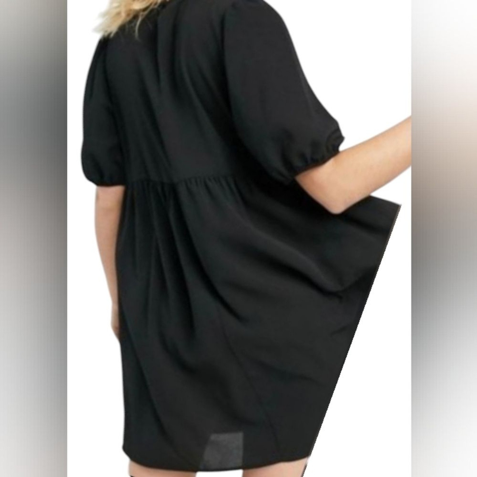 ASOS DESIGN Size 14 Black Short Puff Sleeve Empire Waist Babydoll Mini Dress NEW
