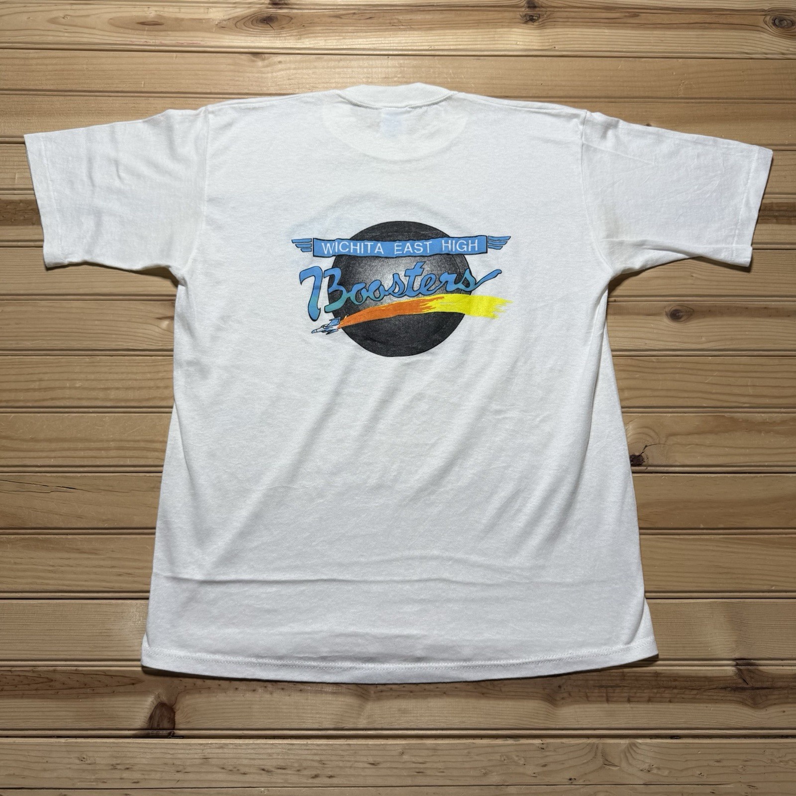 Vintage 80s Wichita East High School Boosters Club Rocket Outer Space Art Shirt