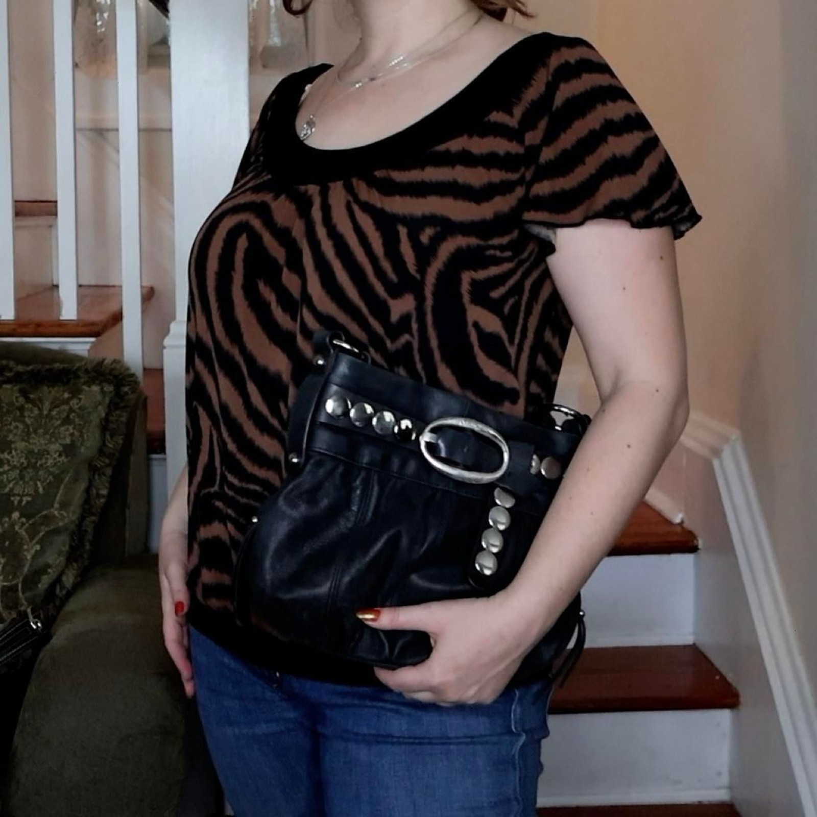 Genuine Leather B Makowsky Siver Studs Black Bag Long Strap Crososbody Indie Alt