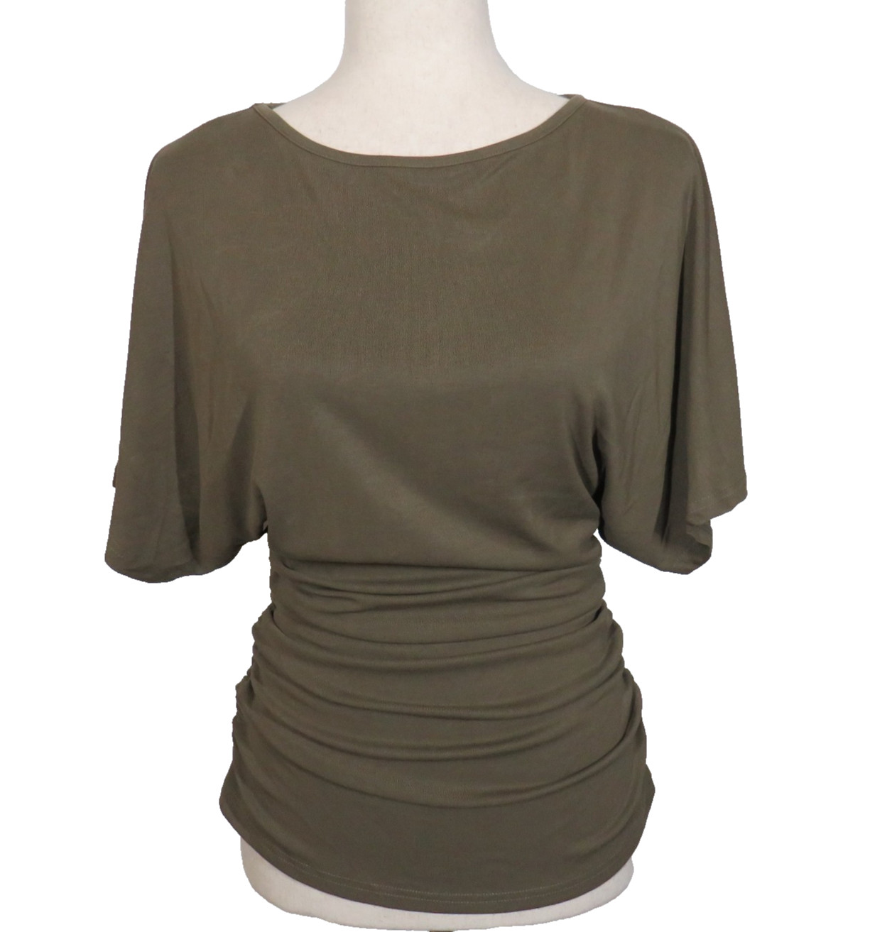 OGL Sandwashed Effortless Boatneck Batwing Sleeve Side Ruched Top Olive Size M