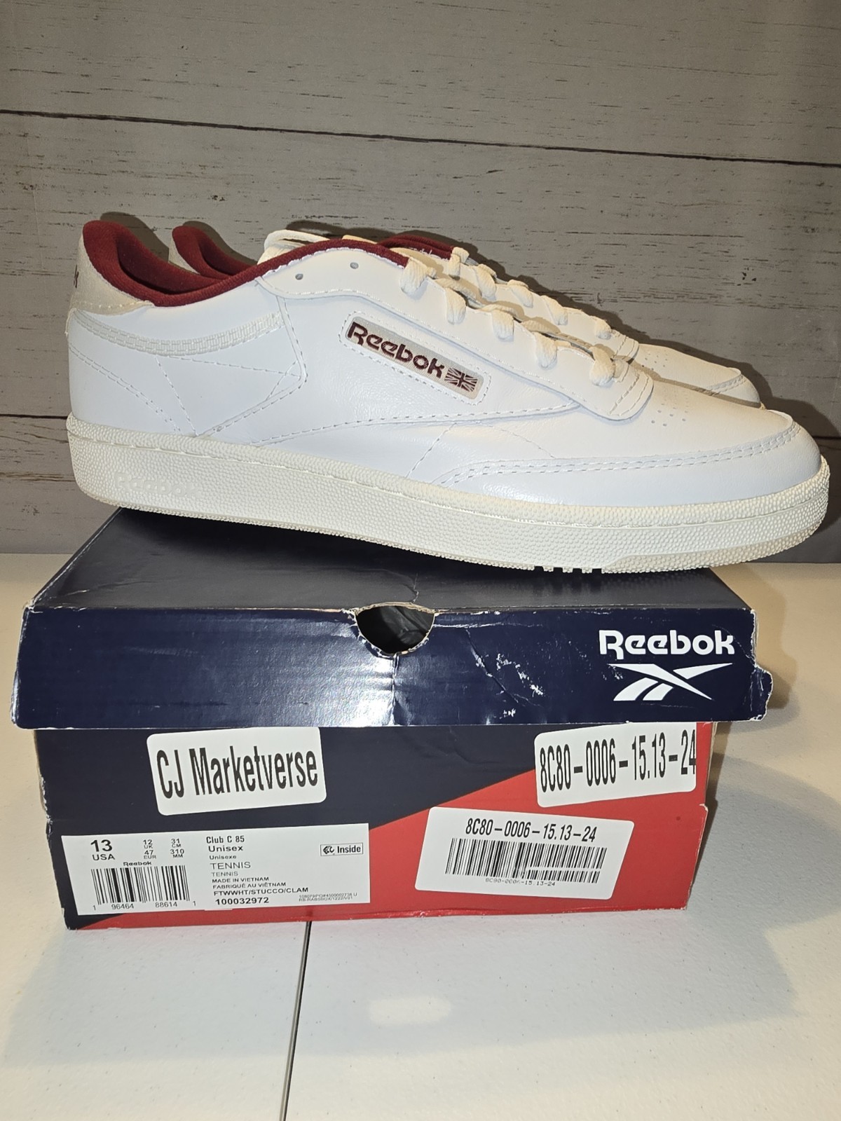 Size 13 – Reebok Club C 85 White Maroon Classic NEW Retro Leather New In Box