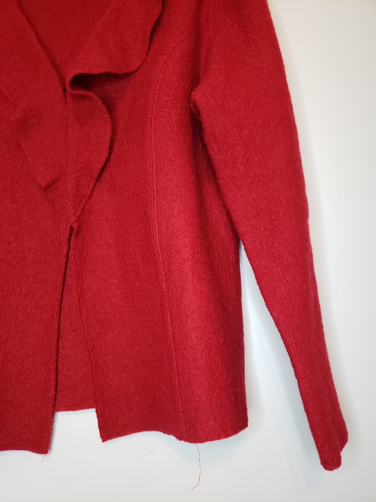 Monterey Bay Women L Sweater Clasp Front Red Ruffle 100% Boiled Wool Long Sleeve