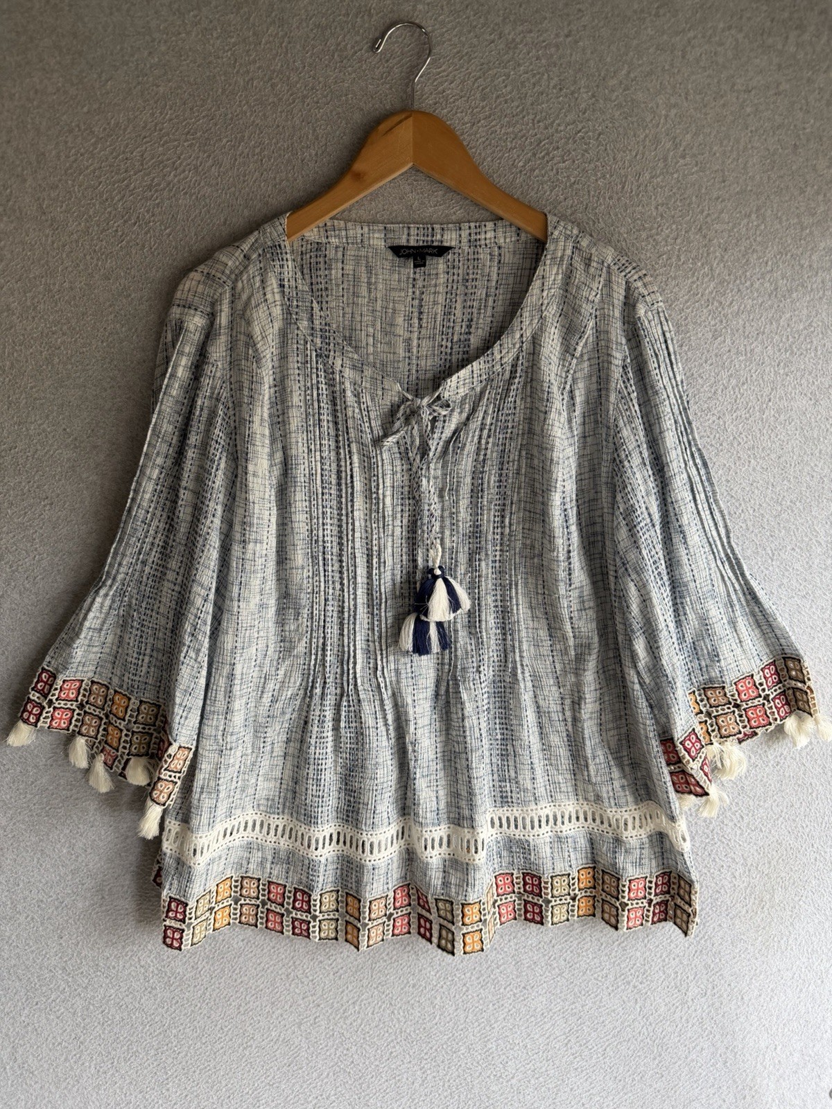 John Mark Blouse Womens Large Boho Pleated Tasseled Beach Resort
